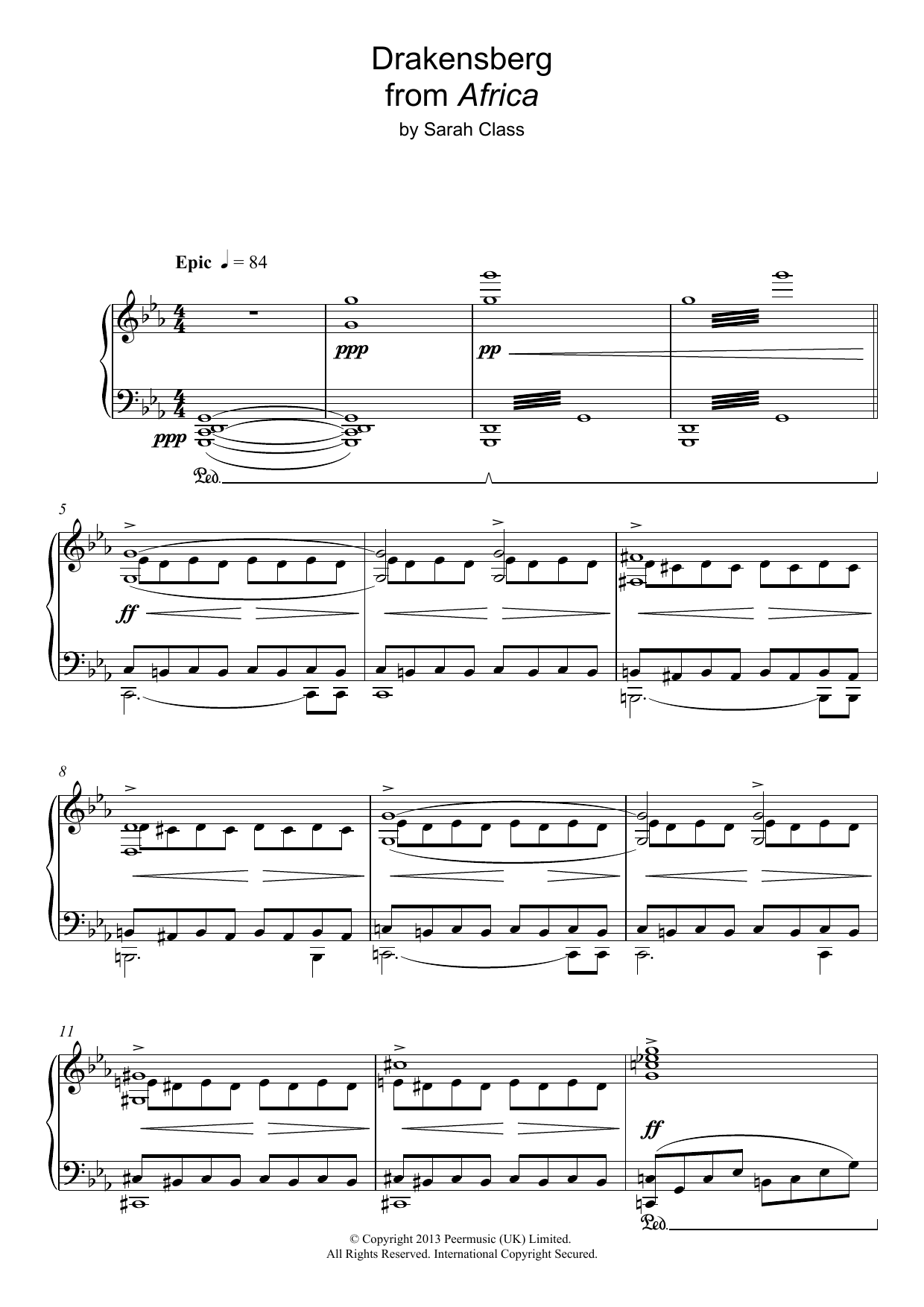 Learn to play Sarah Class Draconsberg (from 'Africa') sheet music for Piano Solo in minutes. Price: 7.8900$ Sarah Class Draconsberg (from 'Africa') sheet music notes and chords arranged for Piano Solo