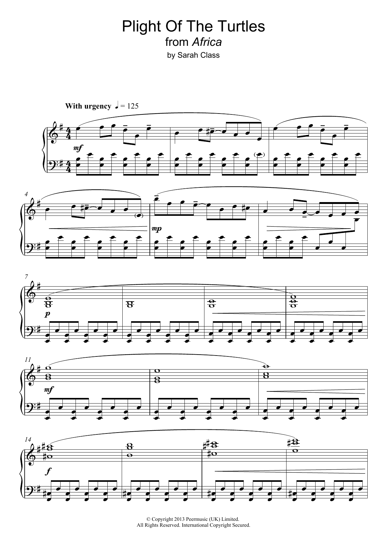 Learn to play Sarah Class Plight Of The Turtles (from 'Africa') sheet music for Piano Solo in minutes. Price: 7.8900$ Sarah Class Plight Of The Turtles (from 'Africa') sheet music notes and chords arranged for Piano Solo