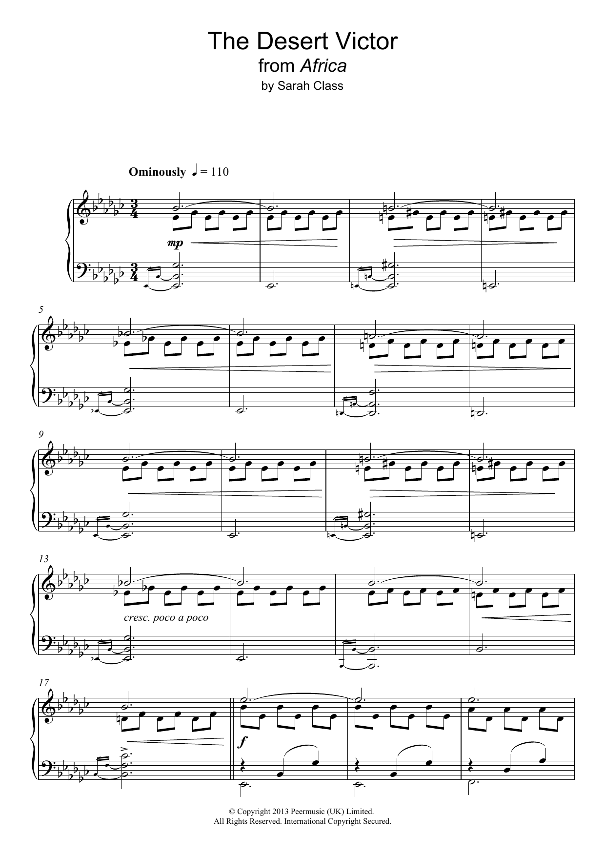 Sarah Class The Desert Victor (from 'Africa') sheet music notes and chords arranged for Piano Solo