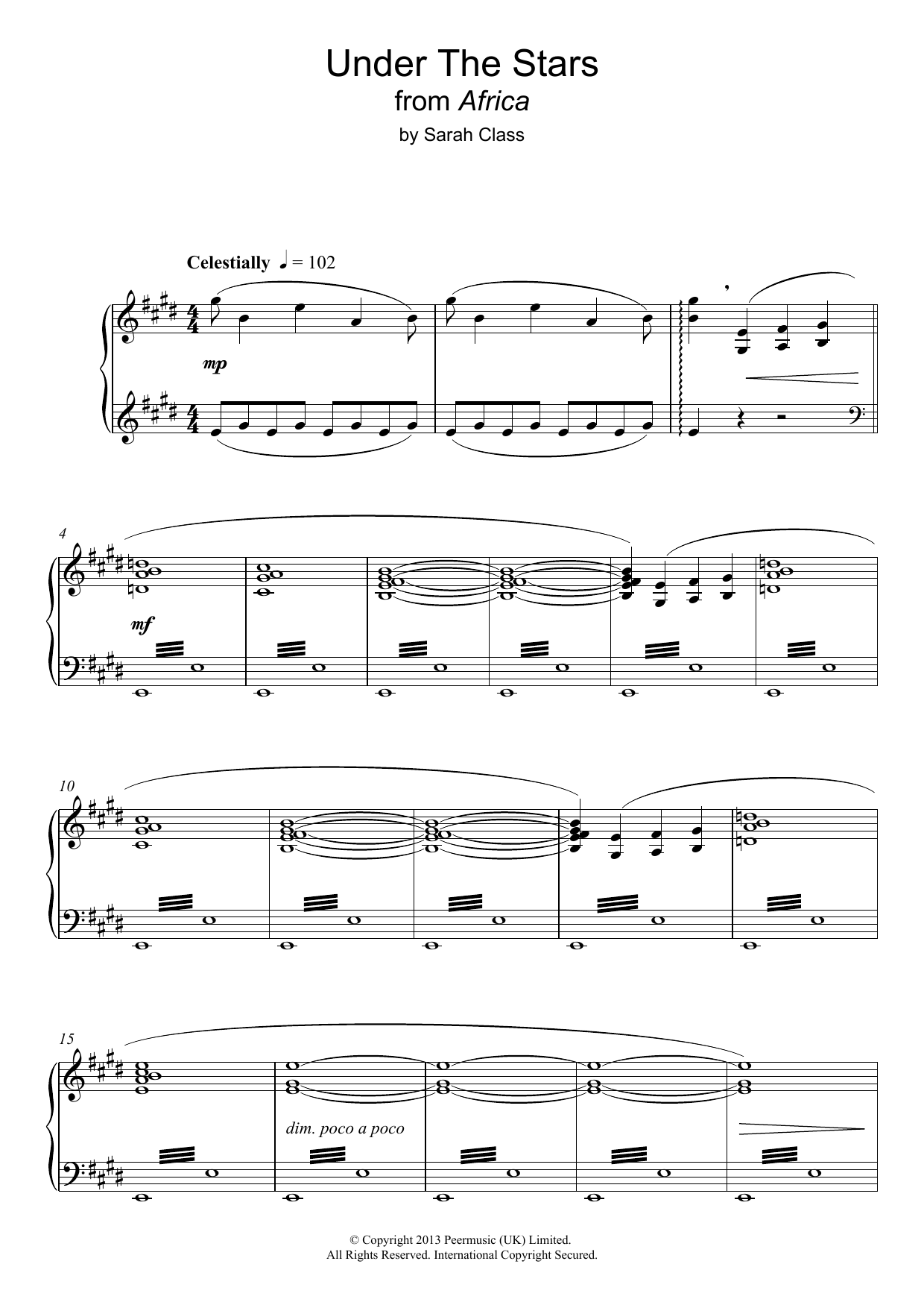 Learn to play Sarah Class Under The Stars (from 'Africa') sheet music for Piano Solo in minutes. Price: 7.8900$ Sarah Class Under The Stars (from 'Africa') sheet music notes and chords arranged for Piano Solo