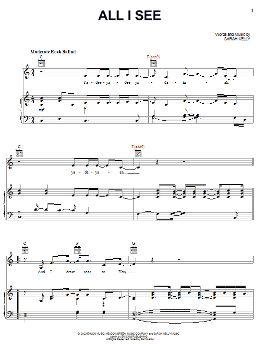 Learn to play Sarah Kelly All I See sheet music for Piano, Vocal & Guitar Chords (Right-Hand Melody) in minutes. Price: 7.8900$ Sarah Kelly All I See sheet music notes and chords arranged for Piano, Vocal & Guitar Chords (Right-Hand Melody)