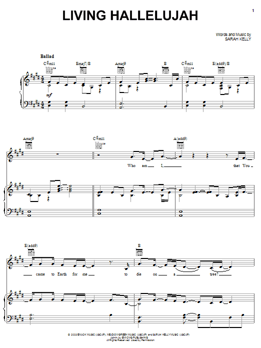 Sarah Kelly Living Hallelujah sheet music notes and chords arranged for Piano, Vocal & Guitar Chords (Right-Hand Melody)