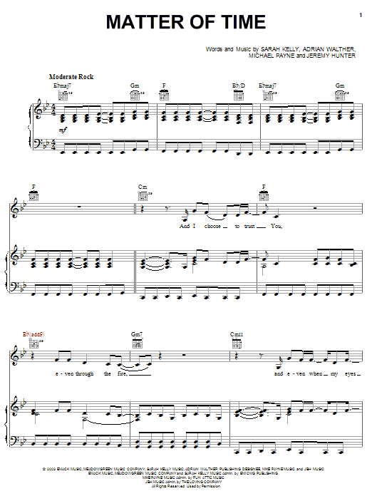 Sarah Kelly Matter Of Time sheet music notes and chords arranged for Piano, Vocal & Guitar Chords (Right-Hand Melody)