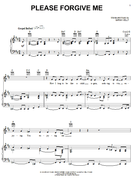 Sarah Kelly Please Forgive Me sheet music notes and chords arranged for Piano, Vocal & Guitar Chords (Right-Hand Melody)