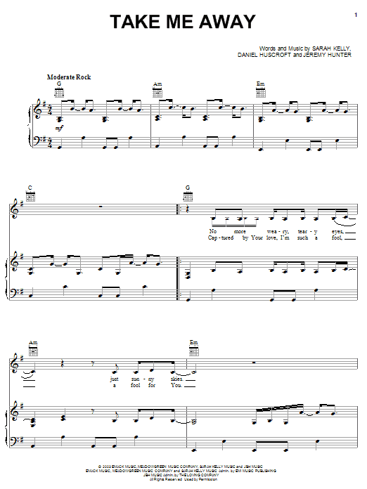 Sarah Kelly Take Me Away sheet music notes and chords arranged for Piano, Vocal & Guitar Chords (Right-Hand Melody)