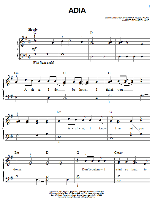 Sarah McLachlan Adia sheet music notes and chords. Download Printable PDF.