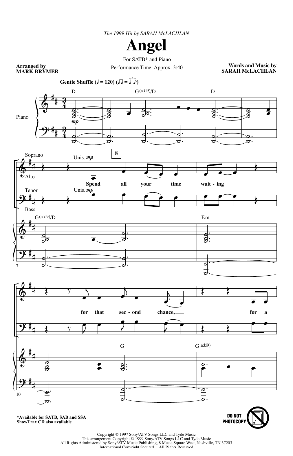 Sarah McLachlan Angel (arr. Mark Brymer) sheet music notes and chords. Download Printable PDF.