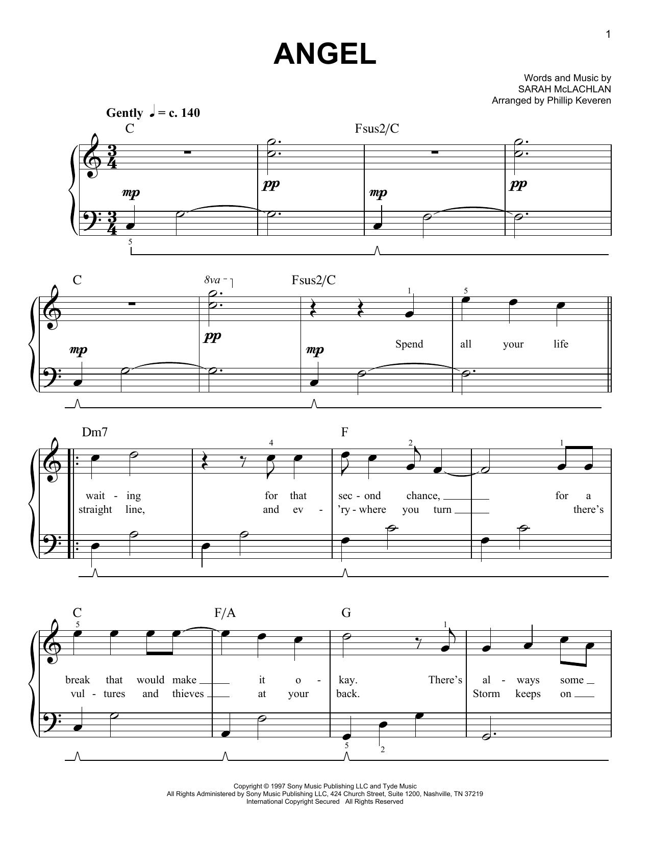 Sarah McLachlan Angel (arr. Phillip Keveren) sheet music notes and chords arranged for Easy Piano