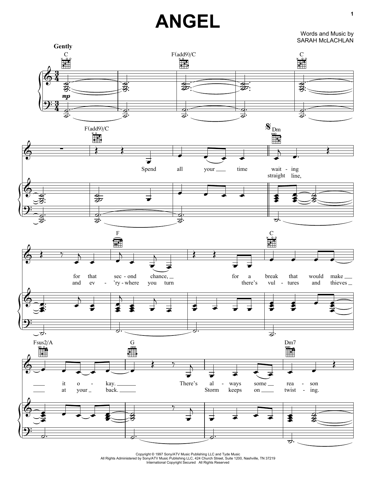 Sarah McLachlan Angel sheet music notes and chords arranged for Super Easy Piano