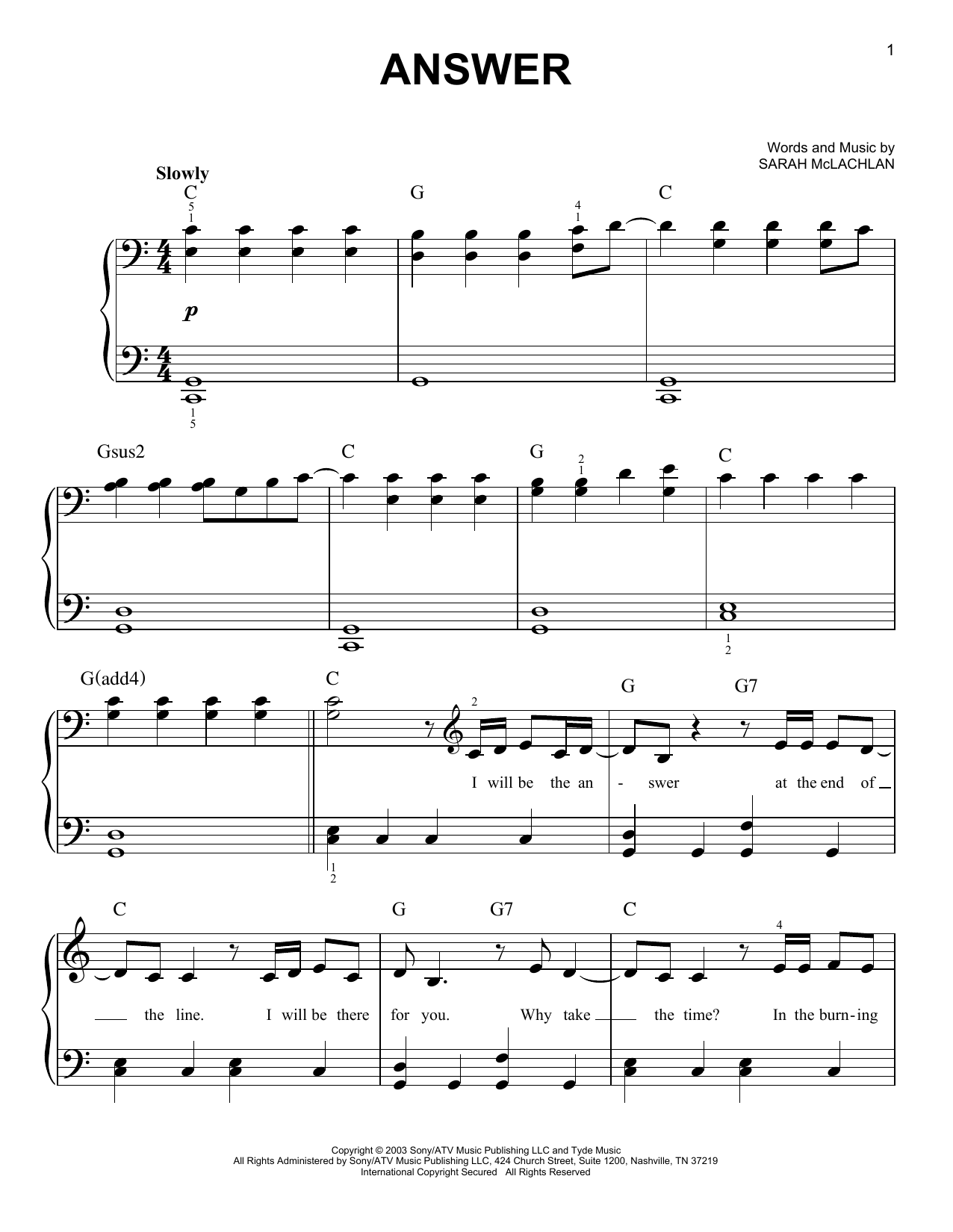 Sarah McLachlan Answer sheet music notes and chords arranged for Easy Piano