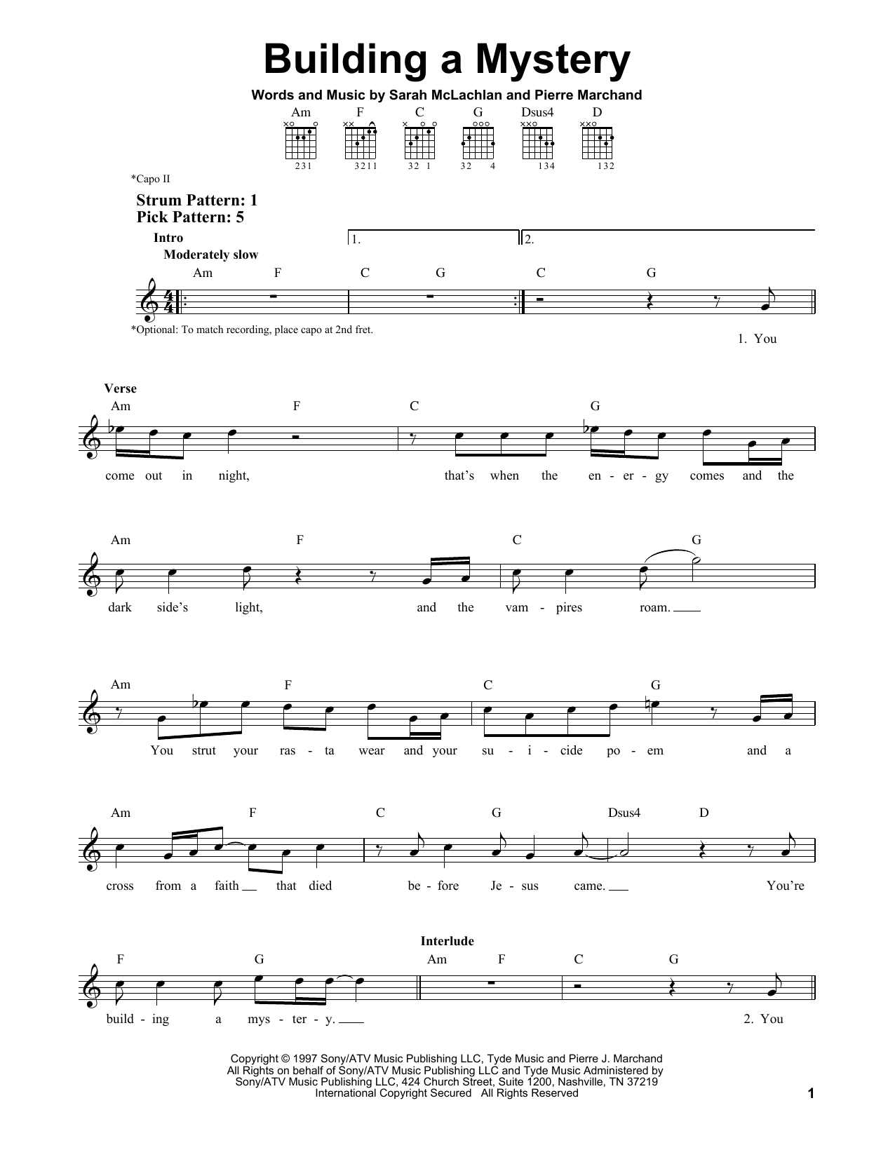 Sarah McLachlan Building A Mystery sheet music notes and chords. Download Printable PDF.