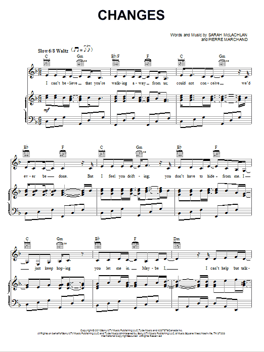 Learn to play Sarah McLachlan Changes sheet music for Piano, Vocal & Guitar Chords (Right-Hand Melody) in minutes. Price: 7.8900$ Sarah McLachlan Changes sheet music notes and chords arranged for Piano, Vocal & Guitar Chords (Right-Hand Melody)