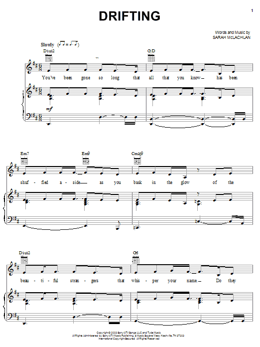 Learn to play Sarah McLachlan Drifting sheet music for Piano, Vocal & Guitar Chords (Right-Hand Melody) in minutes. Price: 7.8900$ Sarah McLachlan Drifting sheet music notes and chords arranged for Piano, Vocal & Guitar Chords (Right-Hand Melody)