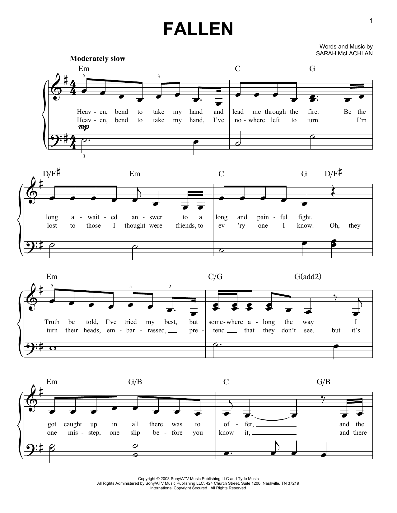 Sarah McLachlan Fallen sheet music notes and chords. Download Printable PDF.