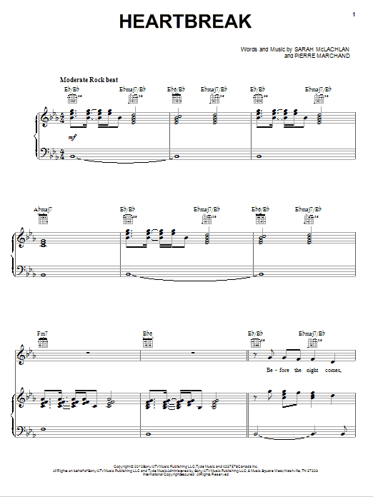 Learn to play Sarah McLachlan Heartbreak sheet music for Piano, Vocal & Guitar Chords (Right-Hand Melody) in minutes. Price: 7.8900$ Sarah McLachlan Heartbreak sheet music notes and chords arranged for Piano, Vocal & Guitar Chords (Right-Hand Melody)