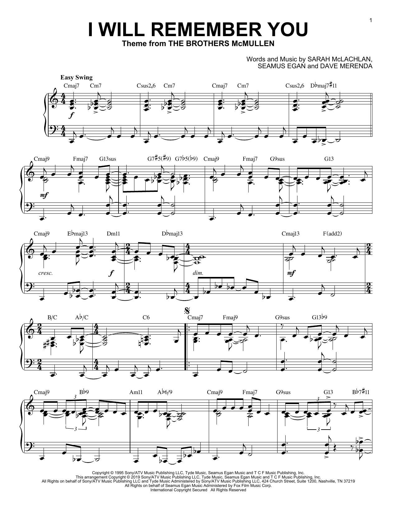 Sarah McLachlan I Will Remember You [Jazz version] sheet music notes and chords. Download Printable PDF.