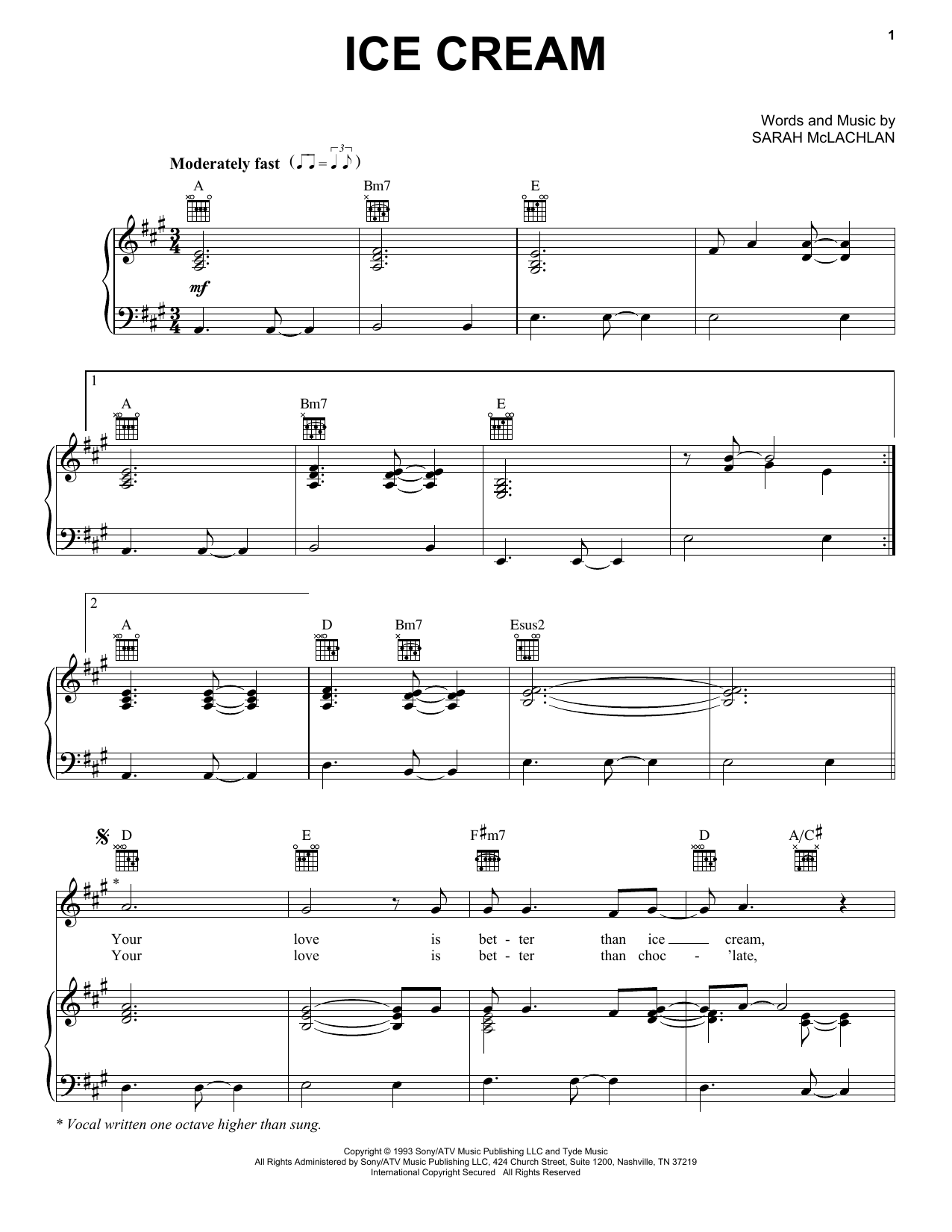 Sarah McLachlan Ice Cream sheet music notes and chords. Download Printable PDF.