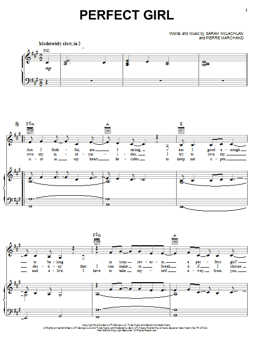 Learn to play Sarah McLachlan Perfect Girl sheet music for Piano, Vocal & Guitar Chords (Right-Hand Melody) in minutes. Price: 7.8900$ Sarah McLachlan Perfect Girl sheet music notes and chords arranged for Piano, Vocal & Guitar Chords (Right-Hand Melody)