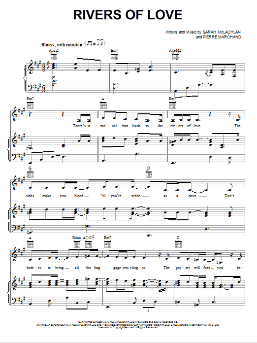 Sarah McLachlan Rivers Of Love sheet music notes and chords arranged for Piano, Vocal & Guitar Chords (Right-Hand Melody)