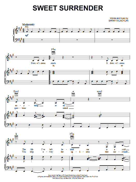 Sarah McLachlan Sweet Surrender sheet music notes and chords. Download Printable PDF.