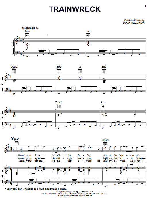 Learn to play Sarah McLachlan Train Wreck sheet music for Piano, Vocal & Guitar Chords (Right-Hand Melody) in minutes. Price: 7.8900$ Sarah McLachlan Train Wreck sheet music notes and chords arranged for Piano, Vocal & Guitar Chords (Right-Hand Melody)