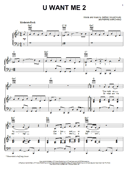 Learn to play Sarah McLachlan U Want Me 2 sheet music for Piano, Vocal & Guitar Chords (Right-Hand Melody) in minutes. Price: 7.8900$ Sarah McLachlan U Want Me 2 sheet music notes and chords arranged for Piano, Vocal & Guitar Chords (Right-Hand Melody)