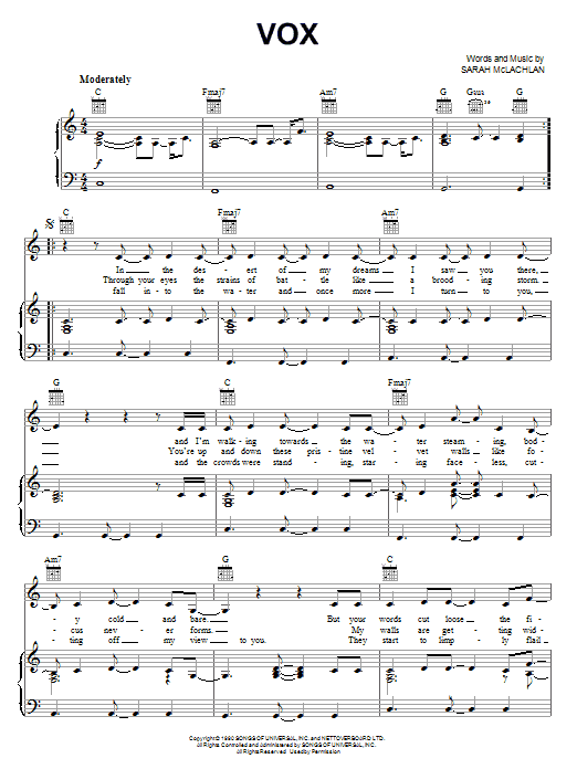 Learn to play Sarah McLachlan Vox sheet music for Piano Solo in minutes. Price: 7.8900$ Sarah McLachlan Vox sheet music notes and chords arranged for Piano Solo