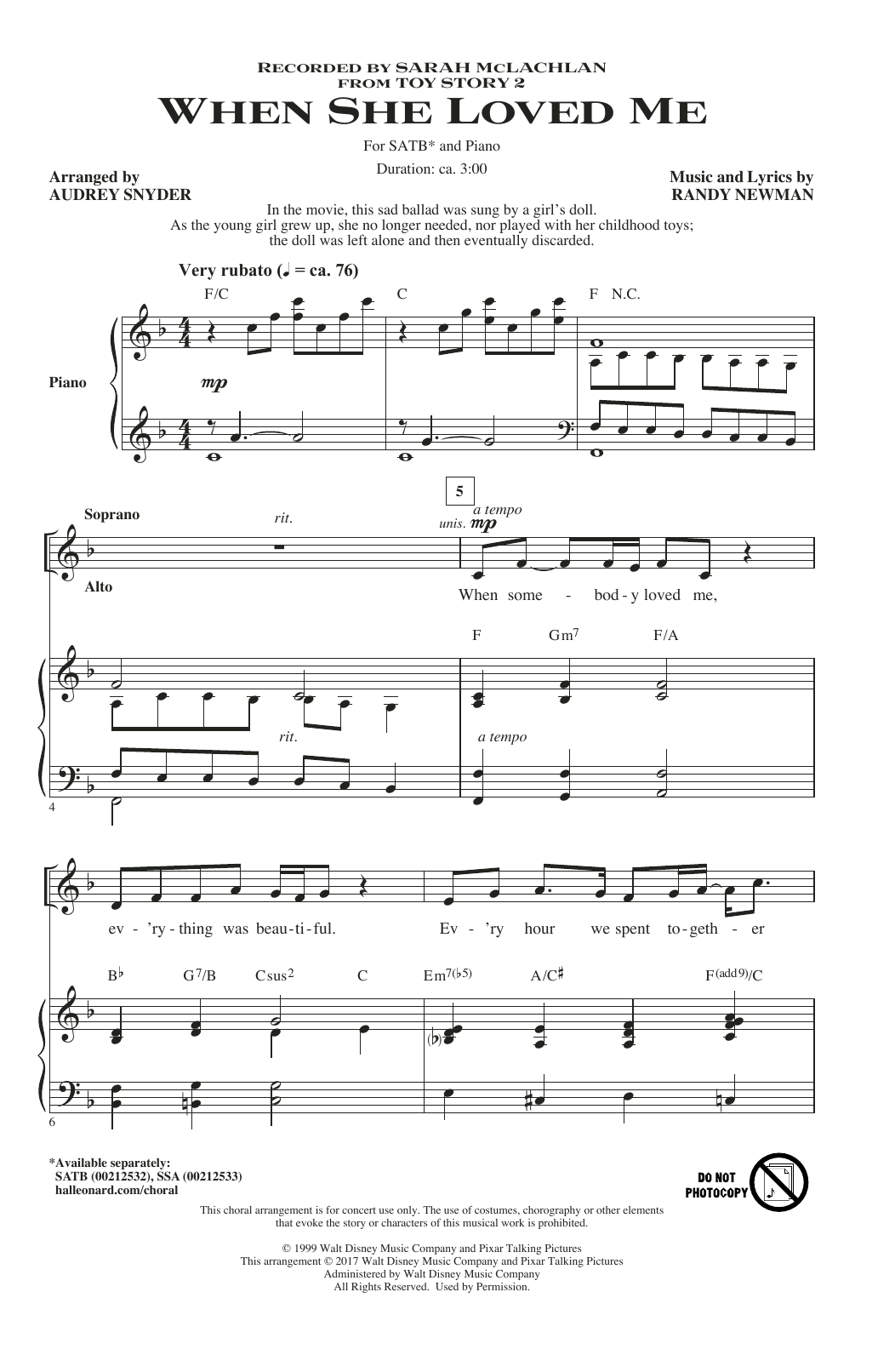 Sarah McLachlan When She Loved Me (from Toy Story 2) (arr. Audrey Snyder) sheet music notes and chords. Download Printable PDF.