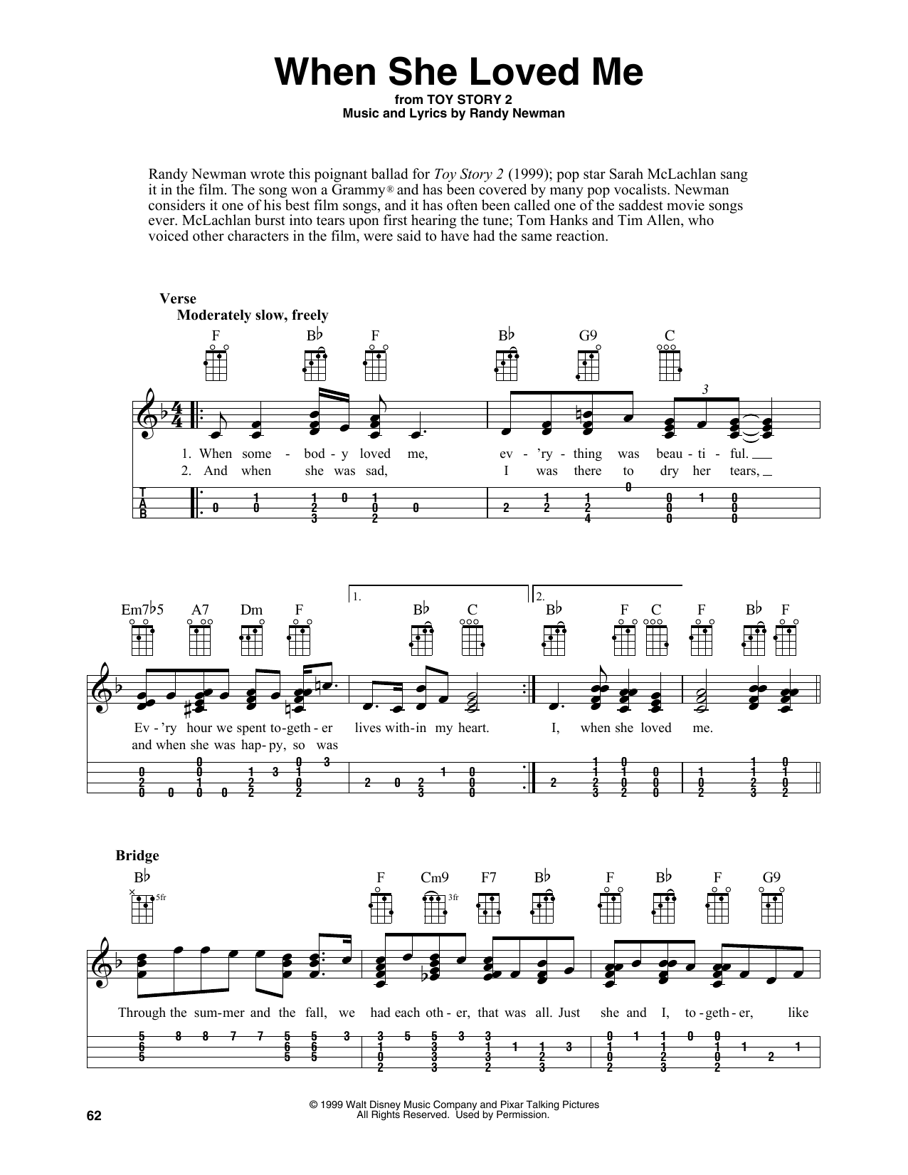 Sarah McLachlan When She Loved Me (from Toy Story 2) (arr. Fred Sokolow) sheet music notes and chords. Download Printable PDF.