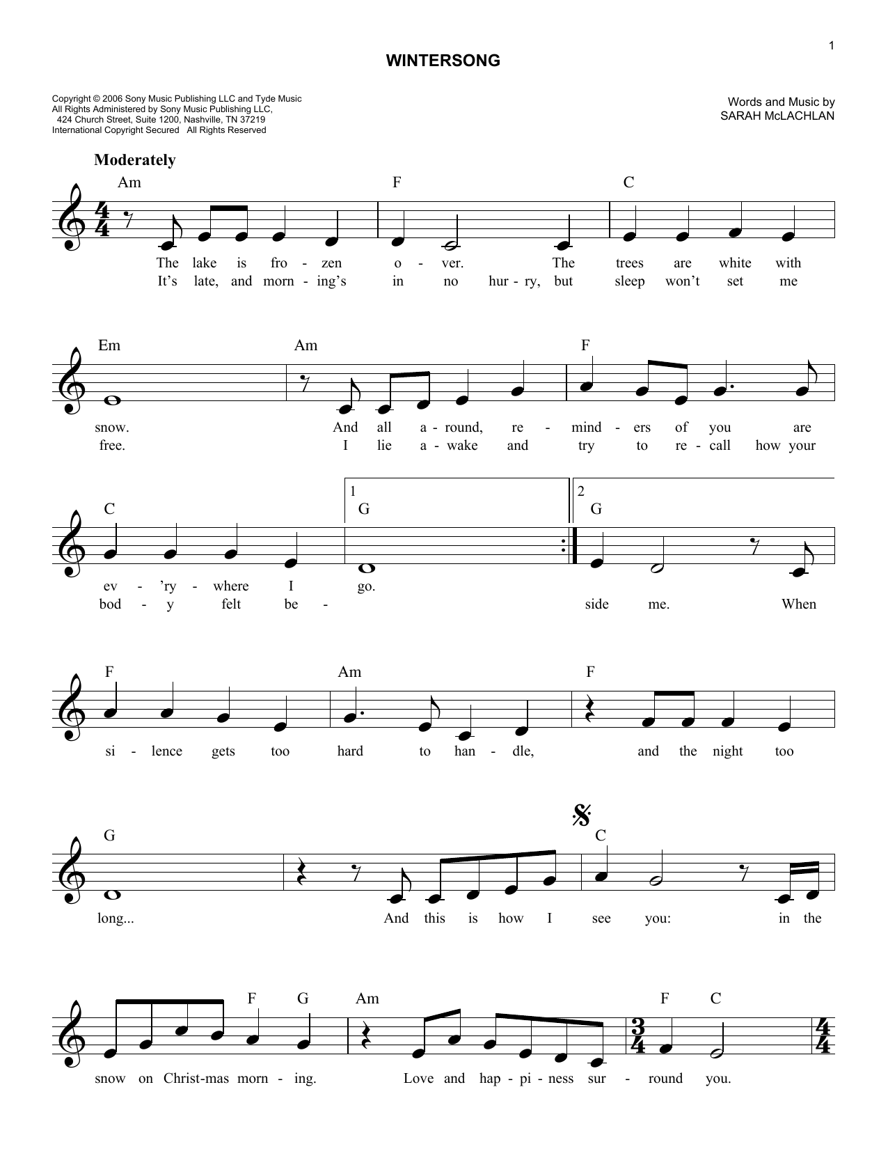 Sarah McLachlan Wintersong sheet music notes and chords arranged for Easy Lead Sheet / Fake Book