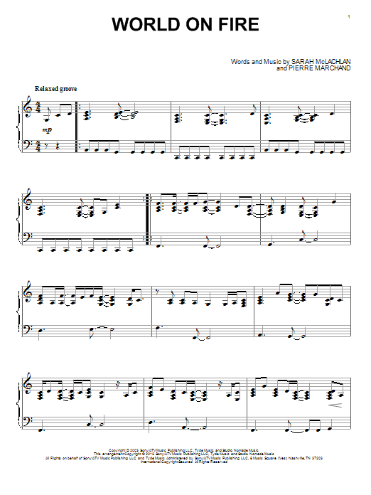 Sarah McLachlan World On Fire sheet music notes and chords arranged for Piano Solo