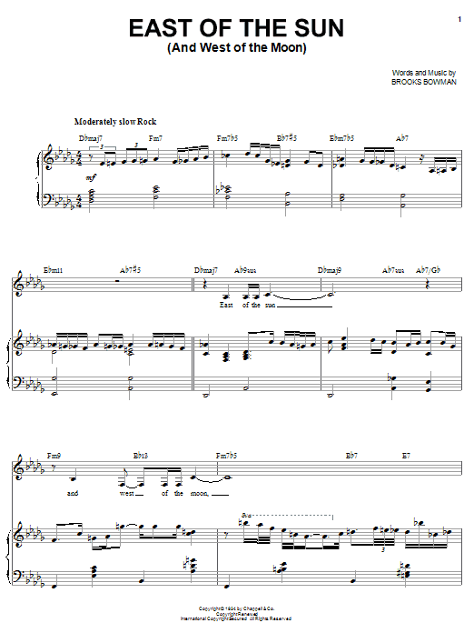 Learn to play Sarah Vaughan East Of The Sun (And West Of The Moon) sheet music for Piano & Vocal in minutes. Price: 7.8900$ Sarah Vaughan East Of The Sun (And West Of The Moon) sheet music notes and chords arranged for Piano & Vocal
