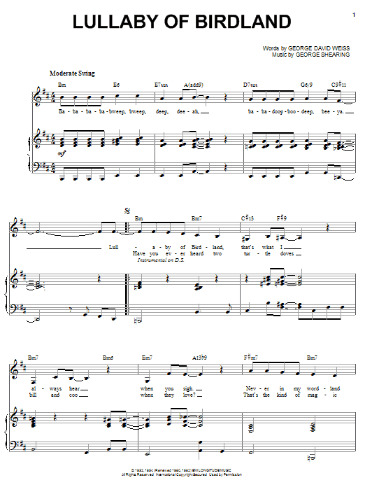 Sarah Vaughan Lullaby Of Birdland sheet music notes and chords. Download Printable PDF.