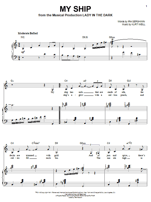 Learn to play Sarah Vaughan My Ship sheet music for Piano & Vocal in minutes. Price: 7.8900$ Sarah Vaughan My Ship sheet music notes and chords arranged for Piano & Vocal