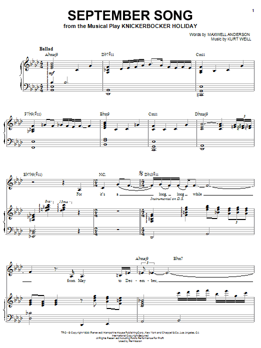 Learn to play Sarah Vaughan September Song sheet music for Piano & Vocal in minutes. Price: 7.8900$ Sarah Vaughan September Song sheet music notes and chords arranged for Piano & Vocal