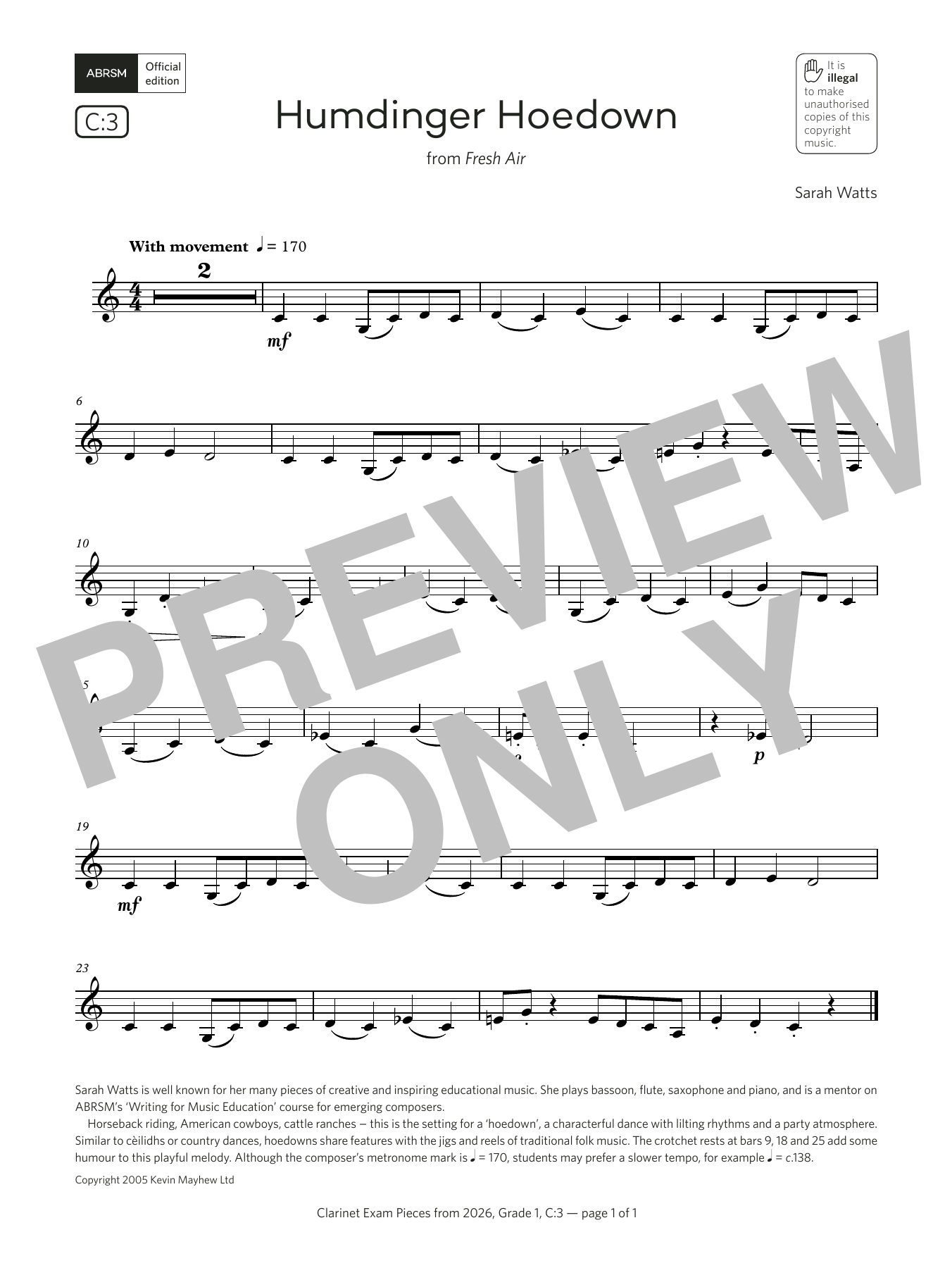 Learn to play Sarah Watts Humdinger Hoedown (Grade 1, list C3, from the ABRSM Clarinet Syllabus from 2026) sheet music for Clarinet Solo in minutes. Price: 3.9900$ Sarah Watts Humdinger Hoedown (Grade 1, list C3, from the ABRSM Clarinet Syllabus from 2026) sheet music notes and chords arranged for Clarinet Solo