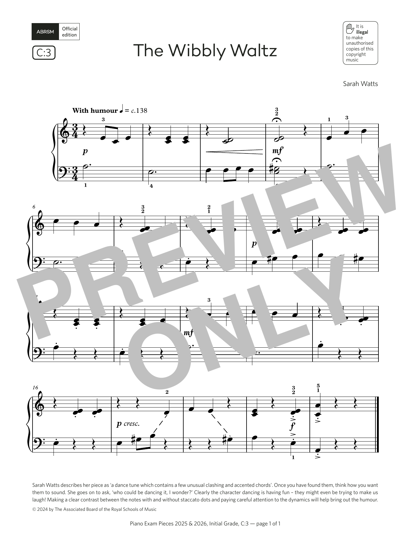 Sarah Watts The Wibbly Waltz (Grade Initial, list C3, from the ABRSM Piano Syllabus 2025 & 2026) sheet music notes and chords. Download Printable PDF.