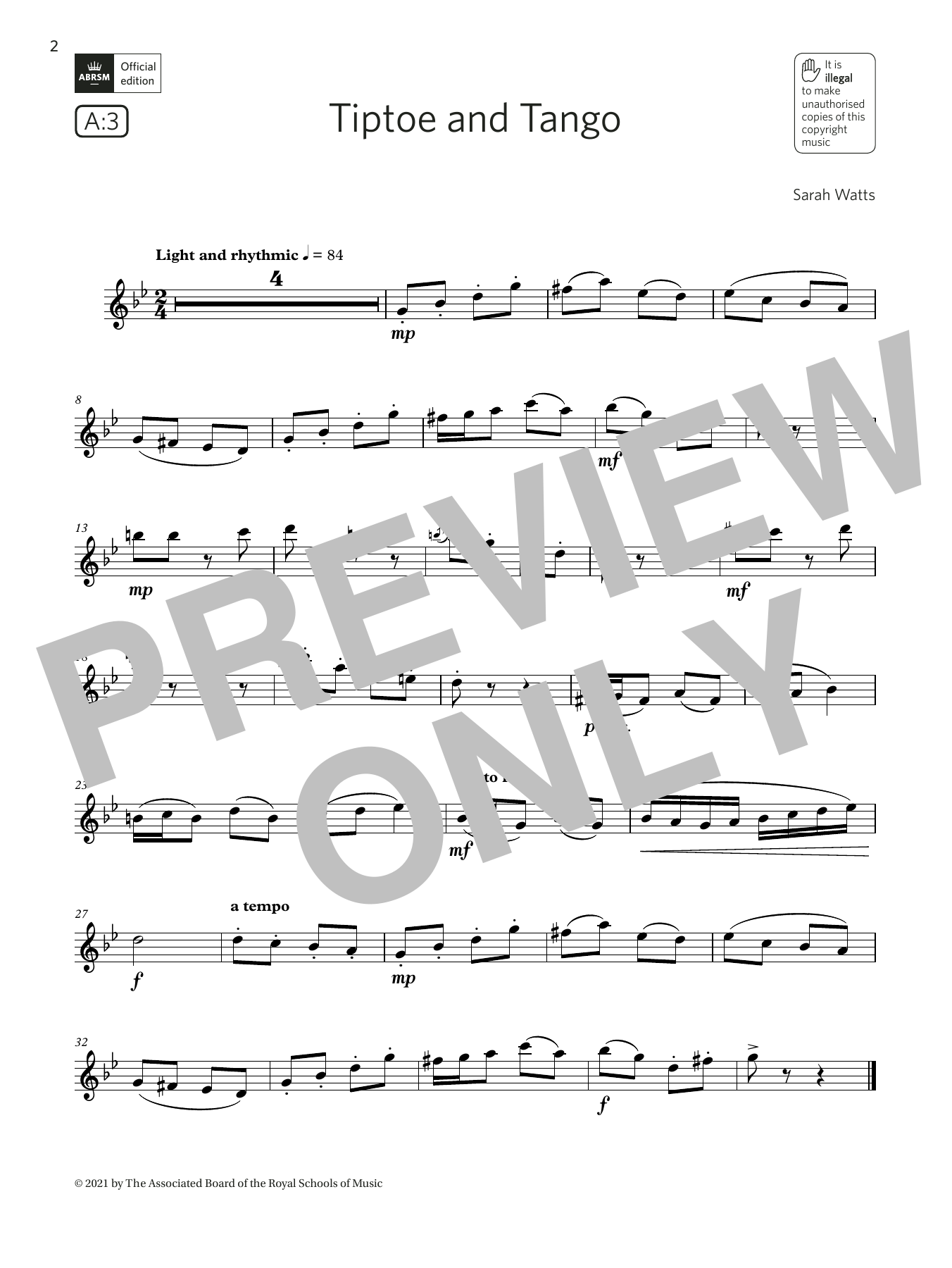 Sarah Watts Tiptoe and Tango (Grade 3 List A3 from the ABRSM Flute syllabus from 2022) sheet music notes and chords. Download Printable PDF.