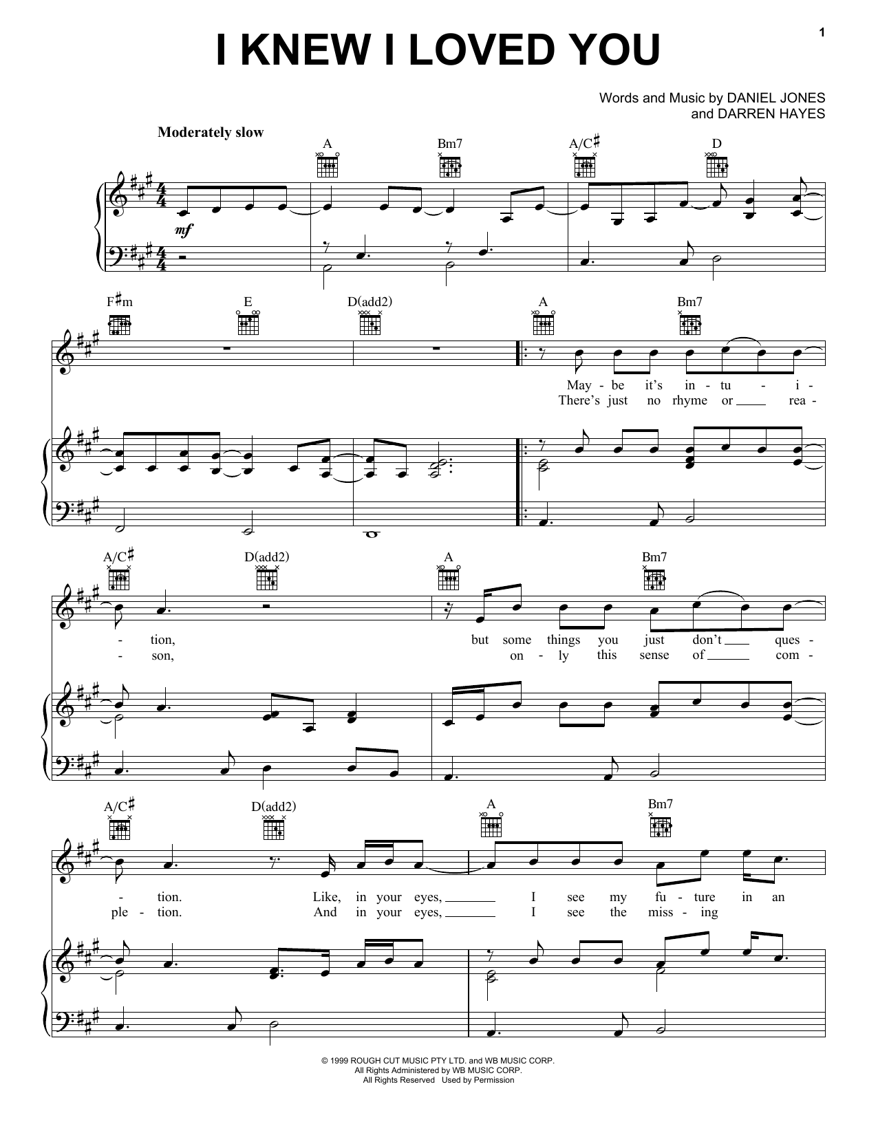 Savage Garden I Knew I Loved You sheet music notes and chords. Download Printable PDF.