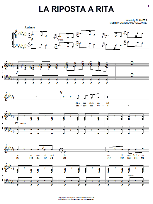 Learn to play Saviero Mercadante La riposta a rita sheet music for Piano, Vocal & Guitar Chords (Right-Hand Melody) in minutes. Price: 7.8900$ Saviero Mercadante La riposta a rita sheet music notes and chords arranged for Piano, Vocal & Guitar Chords (Right-Hand Melody)