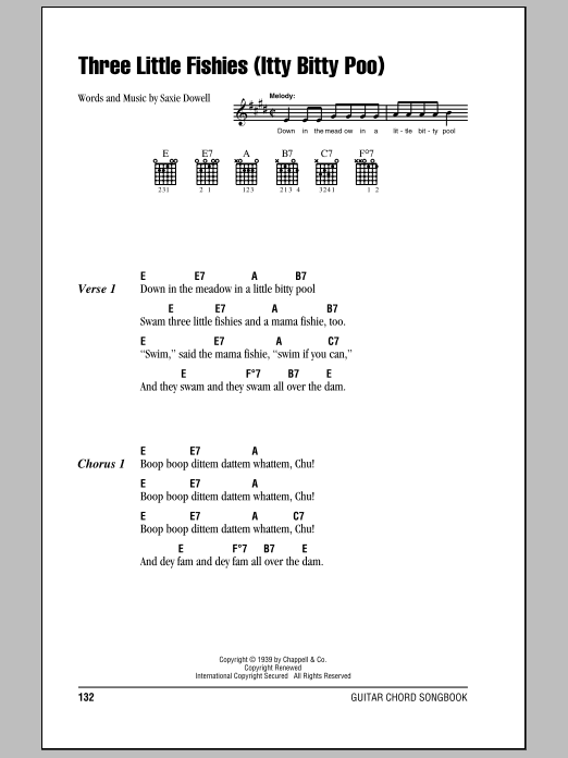 Learn to play Saxie Dowell Three Little Fishies (Itty Bitty Poo) sheet music for Piano, Vocal & Guitar Chords (Right-Hand Melody) in minutes. Price: 7.8900$ Saxie Dowell Three Little Fishies (Itty Bitty Poo) sheet music notes and chords arranged for Piano, Vocal & Guitar Chords (Right-Hand Melody)