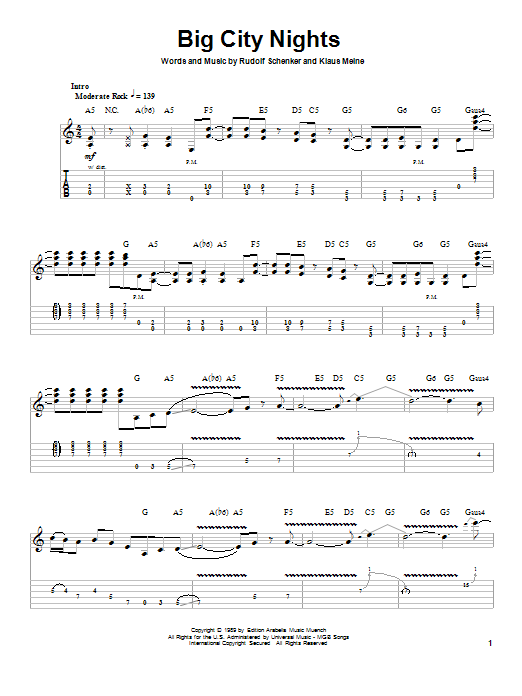 Scorpions Big City Nights sheet music notes and chords. Download Printable PDF.