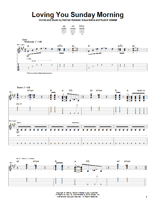 Learn to play Scorpions Loving You Sunday Morning sheet music for Guitar Tab in minutes. Price: 7.8900$ Scorpions Loving You Sunday Morning sheet music notes and chords arranged for Guitar Tab