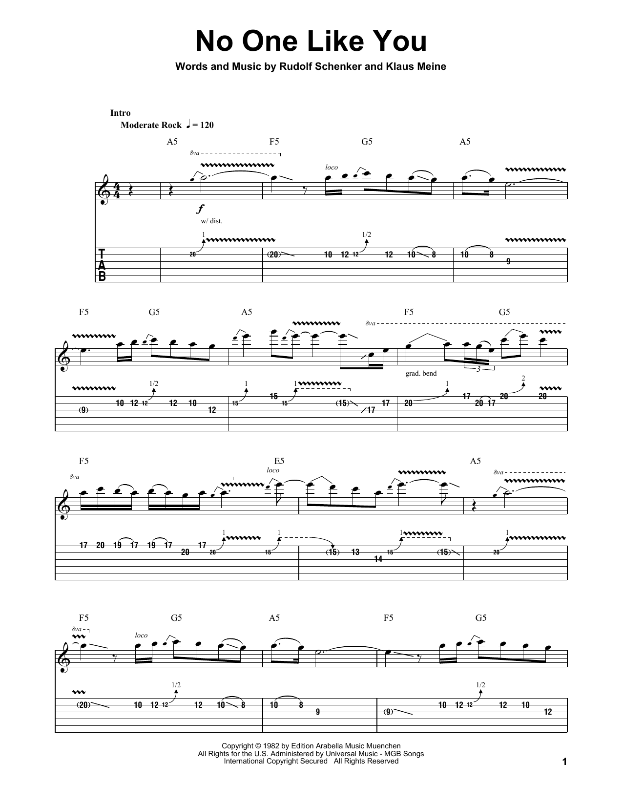 Scorpions No One Like You sheet music notes and chords. Download Printable PDF.