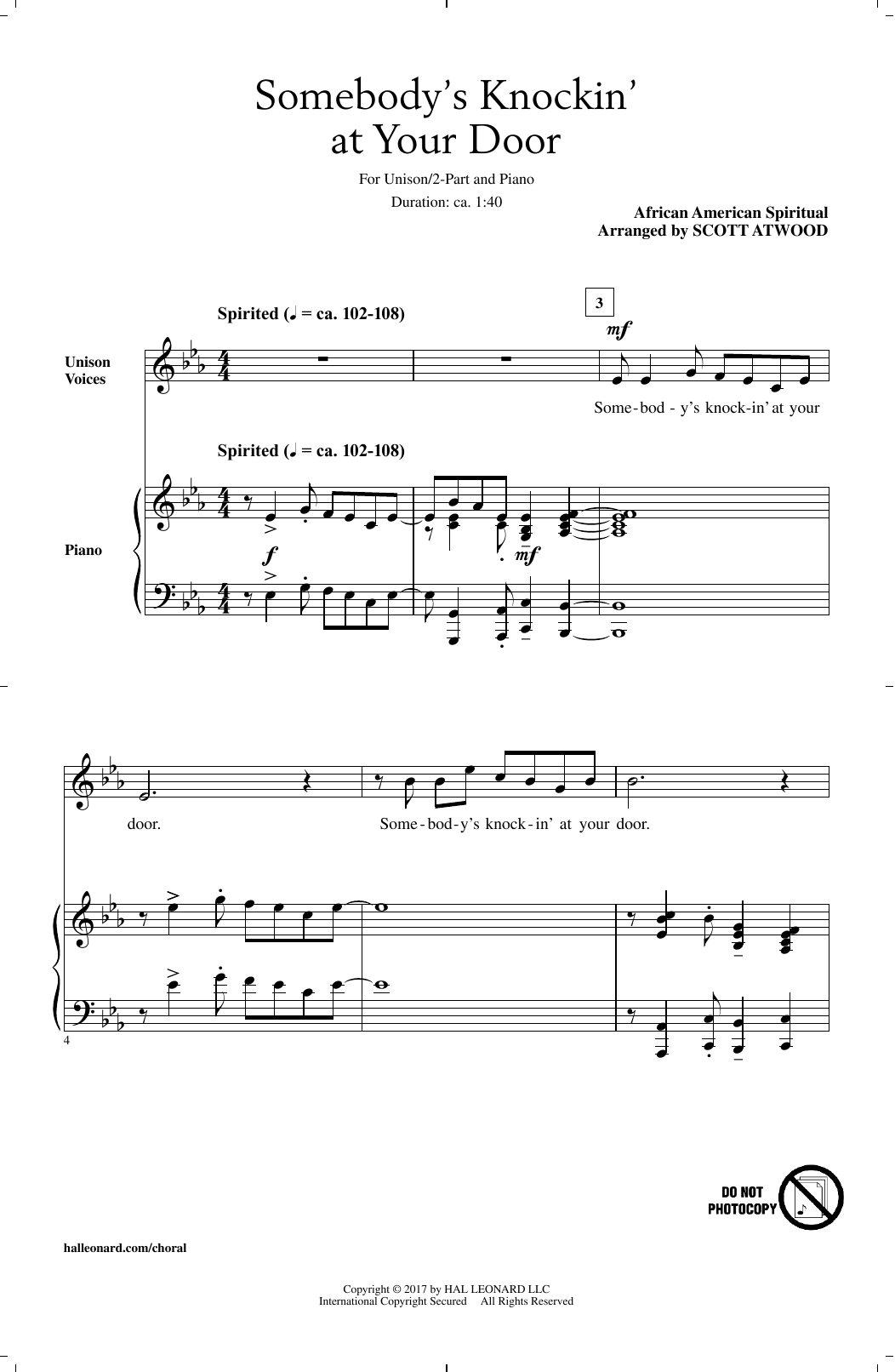 Learn to play African-American Spiritual Somebody's Knockin' At Your Door (arr. Scott Atwood) sheet music for Unison Choir in minutes. Price: 3.9900$ African-American Spiritual Somebody's Knockin' At Your Door (arr. Scott Atwood) sheet music notes and chords arranged for Unison Choir
