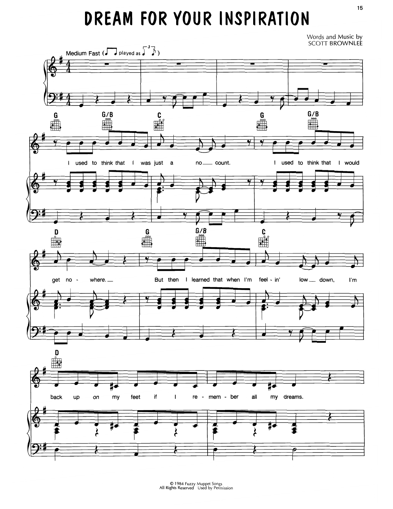 Learn to play Scott Brownlee Dream For Your Inspiration (from Muppet Babies) sheet music for Piano, Vocal & Guitar Chords (Right-Hand Melody) in minutes. Price: 6.9900$ Scott Brownlee Dream For Your Inspiration (from Muppet Babies) sheet music notes and chords arranged for Piano, Vocal & Guitar Chords (Right-Hand Melody)