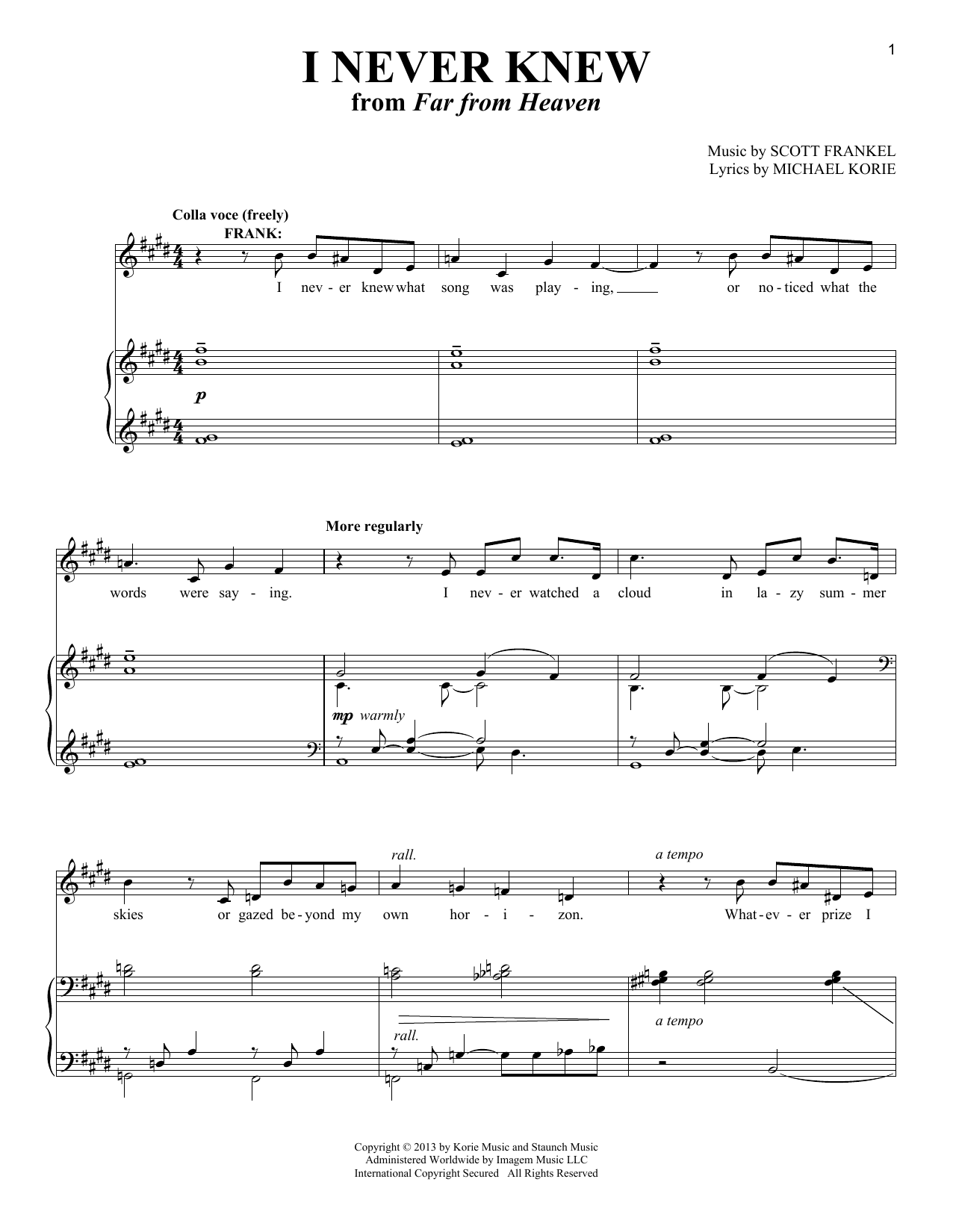 Learn to play Scott Frankel I Never Knew sheet music for Piano & Vocal in minutes. Price: 7.8900$ Scott Frankel I Never Knew sheet music notes and chords arranged for Piano & Vocal