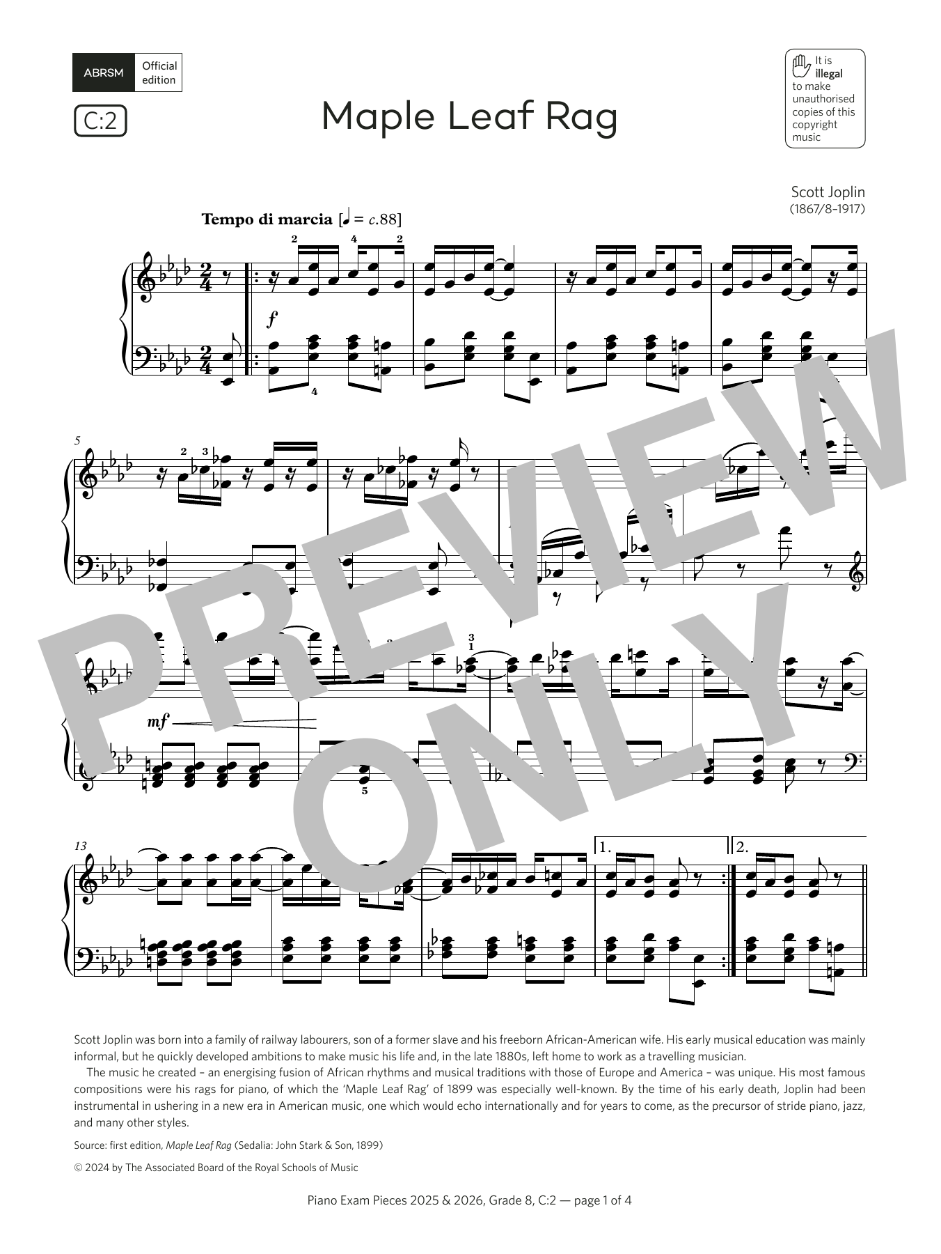 Scott Joplin Maple Leaf Rag (Grade 8, list C2, from the ABRSM Piano Syllabus 2025 & 2026) sheet music notes and chords. Download Printable PDF.