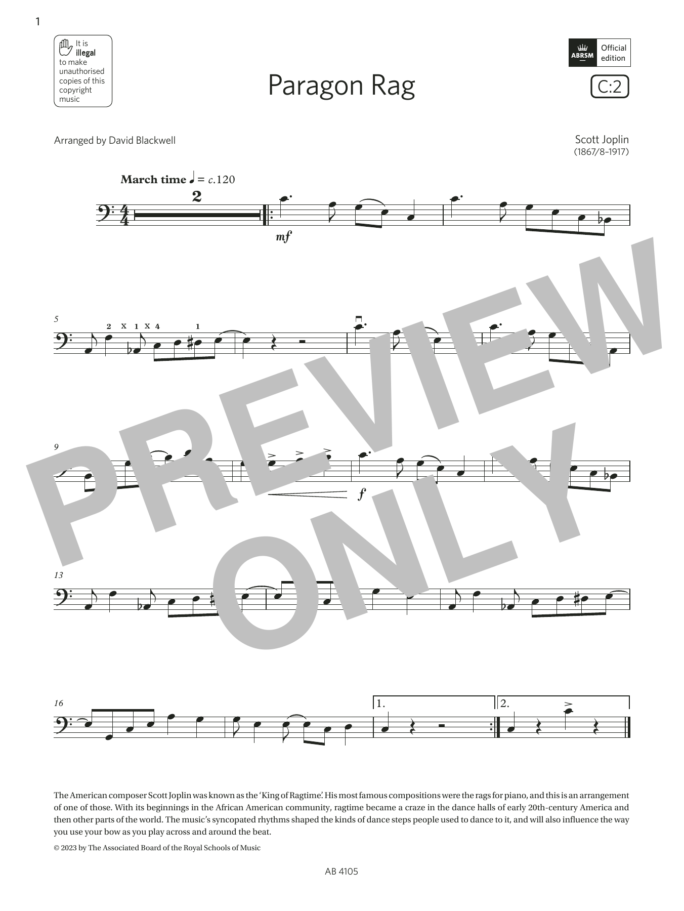 Scott Joplin Paragon Rag (Grade 2, C2, from the ABRSM Cello Syllabus from 2024) sheet music notes and chords. Download Printable PDF.