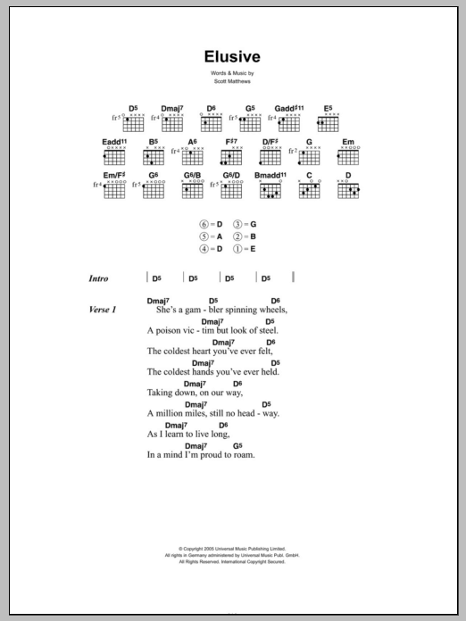 Learn to play Scott Matthews Elusive sheet music for Guitar Chords/Lyrics in minutes. Price: 4.4900$ Scott Matthews Elusive sheet music notes and chords arranged for Guitar Chords/Lyrics